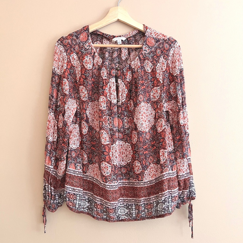 Lucky Brand Red Black Medallion Paisley Peasant Top Boho Blouse Medium